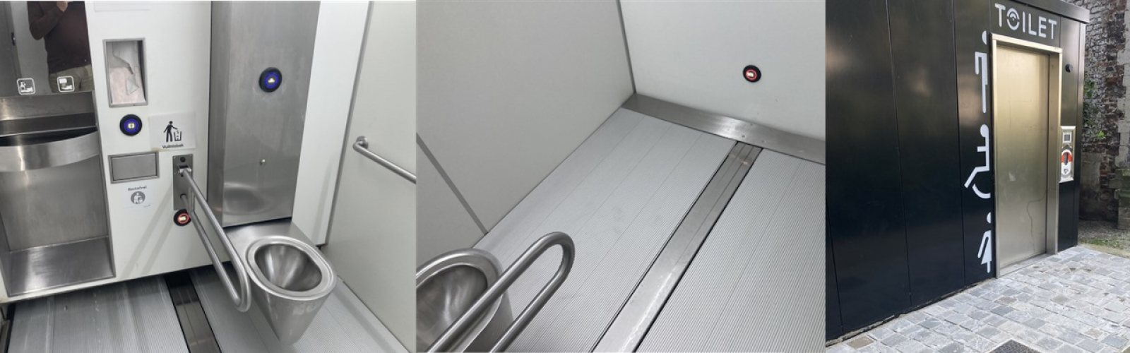 collage met 4 foto's van de binnen- en buitenkant van het zelfreinigend openbaar toilet.