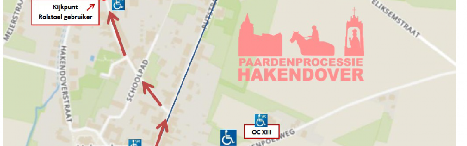 Plan van Hakendover met aanduiding kijkplaats en parking voor wagens met blauwe kaart.