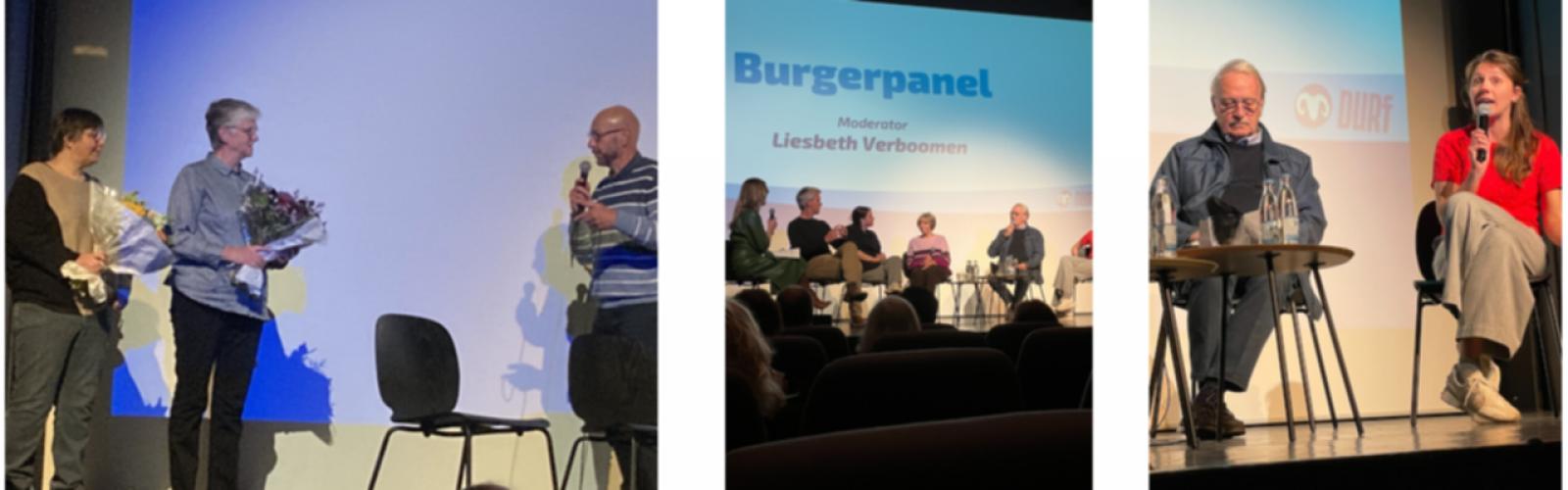 3 foto's: Anita in de bloemetjes, Burgerpanel en Paul met Olivia in gesprek