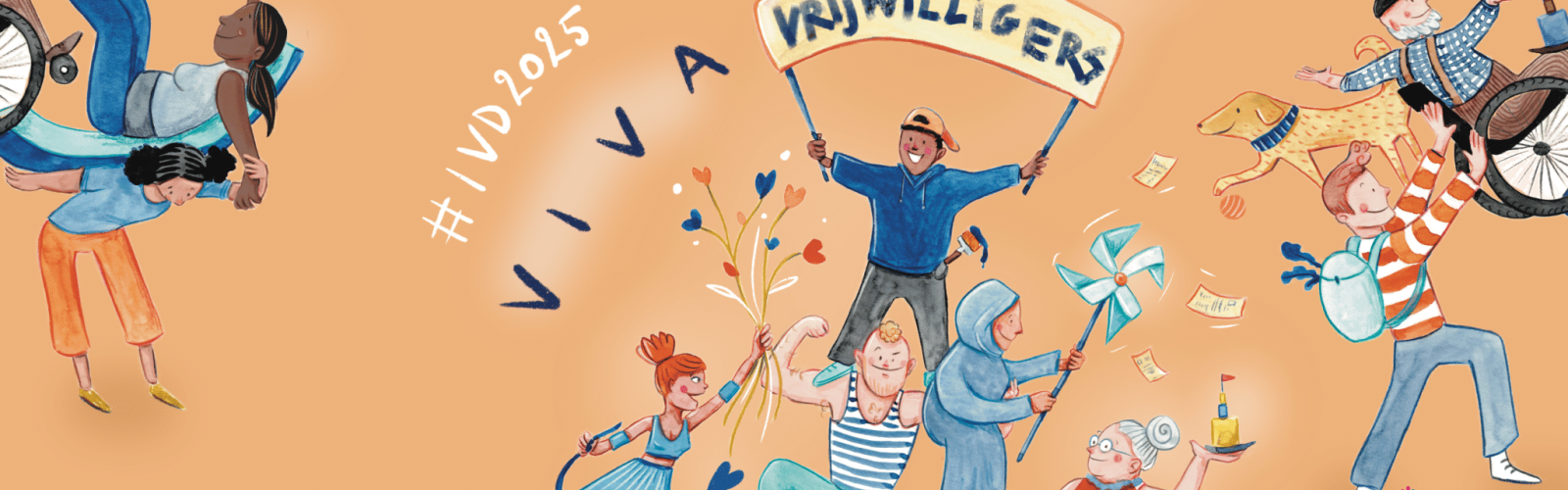 personages met banner "viva vrijwilligers"