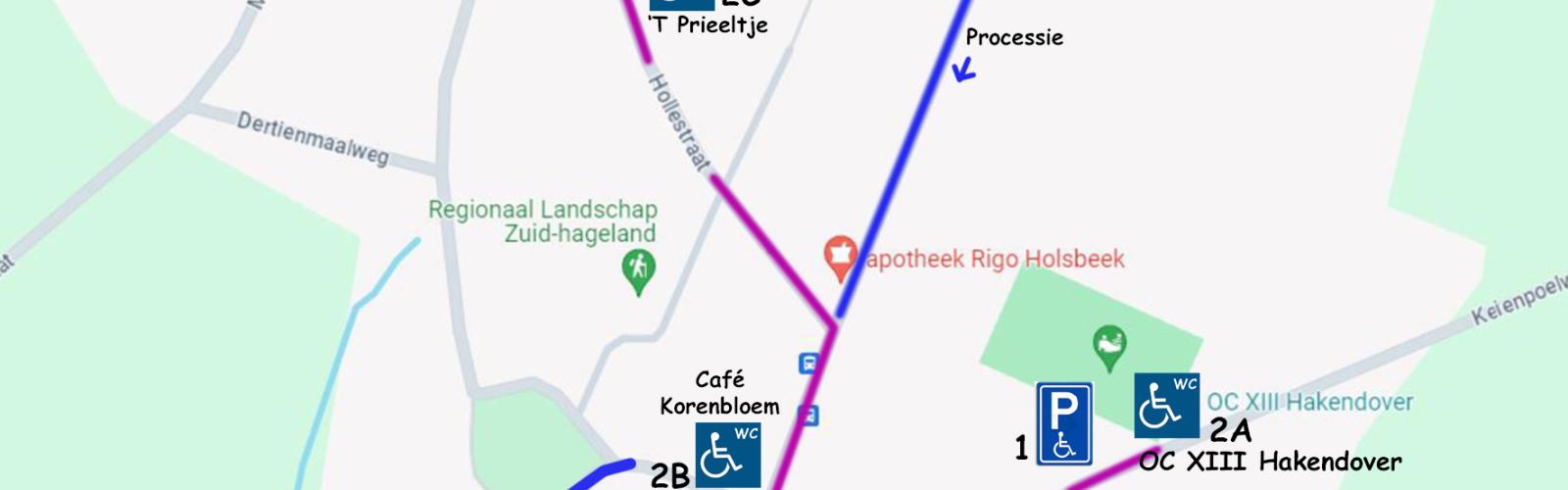 Een plattegrond van Hakendover met aanduiding van parking, toiletten en uitkijkpunt voor mensen men beperking
