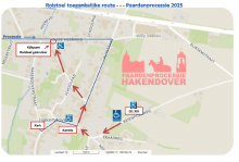 Plan van Hakendover met aanduiding kijkplaats en parking voor wagens met blauwe kaart.